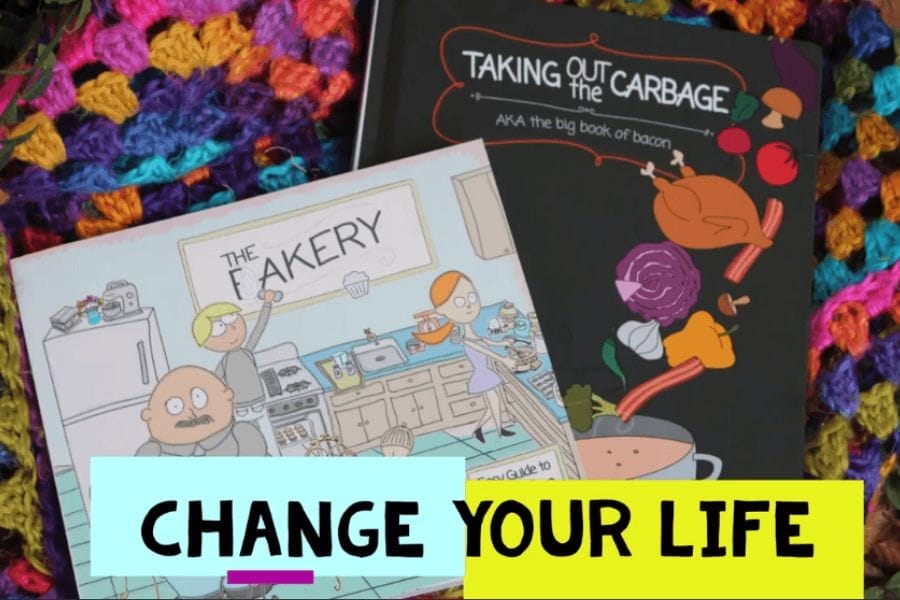 Low carb cookbook bundle – Carbage and Fakery paper books Hardback and paperback combo of low carb cookbooks Taking Out the Carbage and The Fakery with colorful crochet background and bold text saying "Change Your Life"
