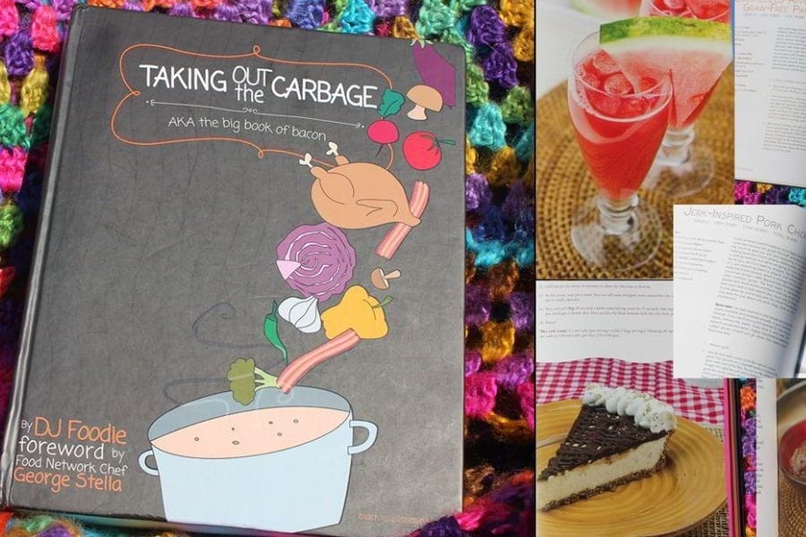 Taking Out the Carbage – low carb cookbook with bonus dessert and drink recipes Hardsback copy of Taking Out the Carbage low carb cookbook on colorful crochet background with recipe images of desserts and drinks