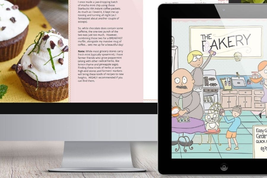 Tablet and desktop screens display pages from “The Fakery,” a grain-free low carb baking guide with whimsical illustrations and quickbread recipes