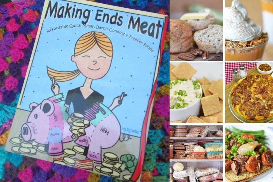 Collage image featuring the Making Ends Meat cookbook on a colorful crochet blanket, alongside recipe photos of batch-cooked meals, low-carb breads, dips, and freezer-packed foods.