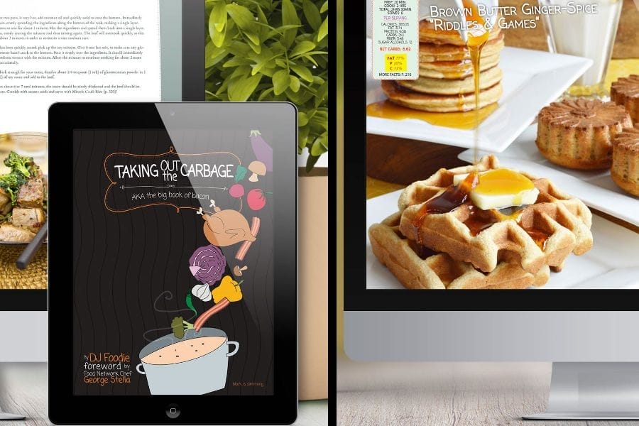Combo ebook bundle for low carb cookbooks Carbage and Fakery, shown on tablet and desktop screens with food photography
